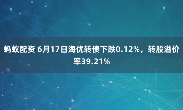 蚂蚁配资 6月17日海优转债下跌0.12%,转股溢价率39.21%